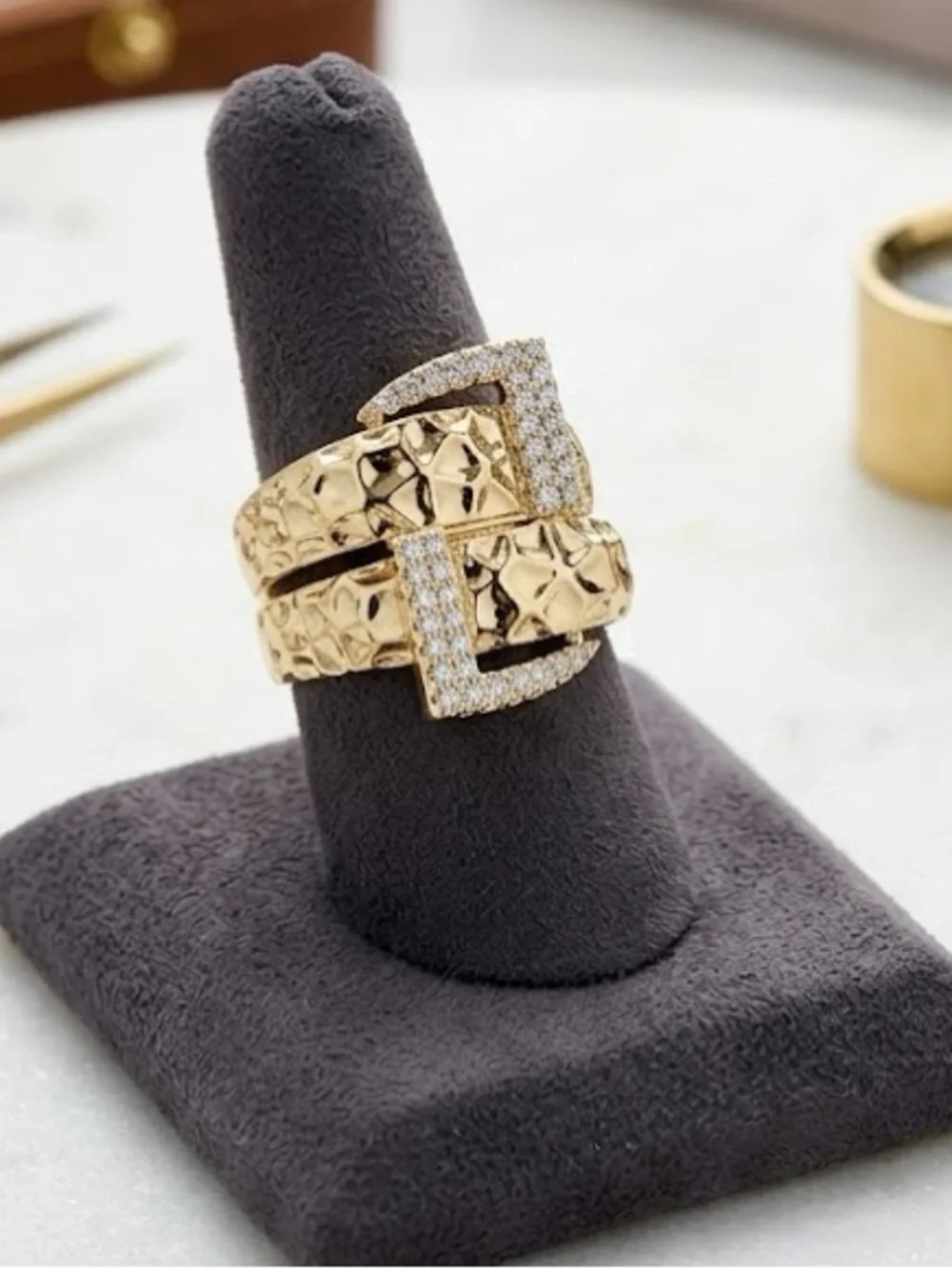 New 14k Gold Filled Nugget Buckle Ring with Pavé Accents- Adjustable.